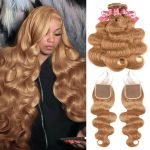 Body Wave Human Hair 4*4 Lace Closure With Bundles Honey Blonde #27 Color Hair