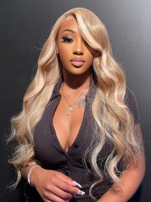 Milk Tea Brown Wig 13*4 Transparent Lace Wig with Blonde Highlights