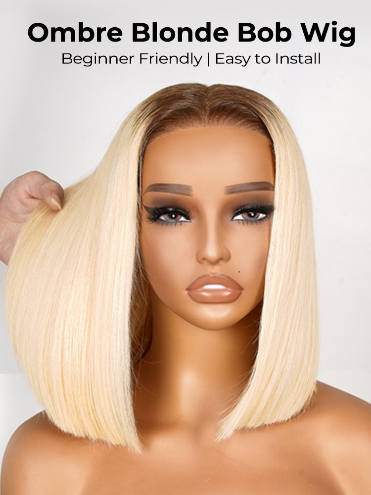 short_bob_wigs_1_4 Ready To Wear - Short Ombre Blonde Bob Wigs T4/613 Color Straight Ready Go Lace Wig Without Glue - Image 1