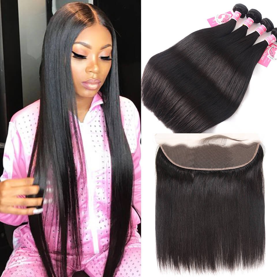 straight-20 Straight 4 Bundles with 13*4 Lace Frontal Peruvian Human Hair - Image 1