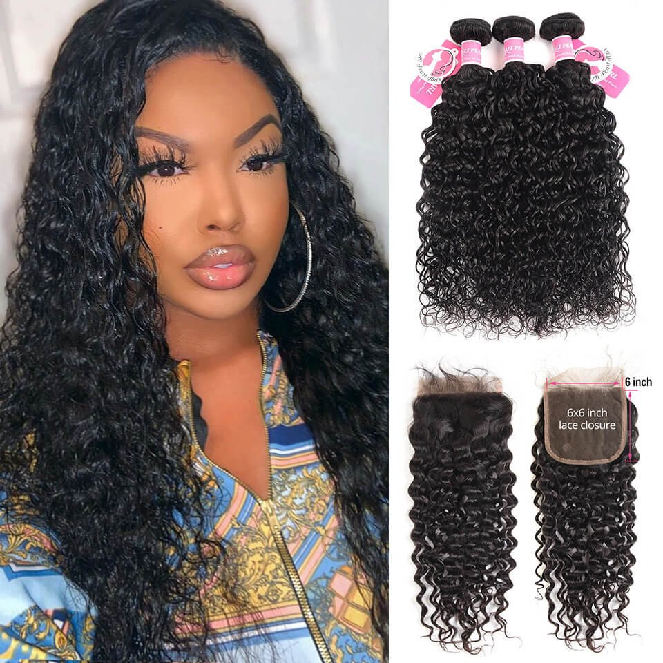 water_bundleswith6x6closure Water Wave Hair 6x6 Closure And 3 Bundles Wavy Hair Weave - Image 1